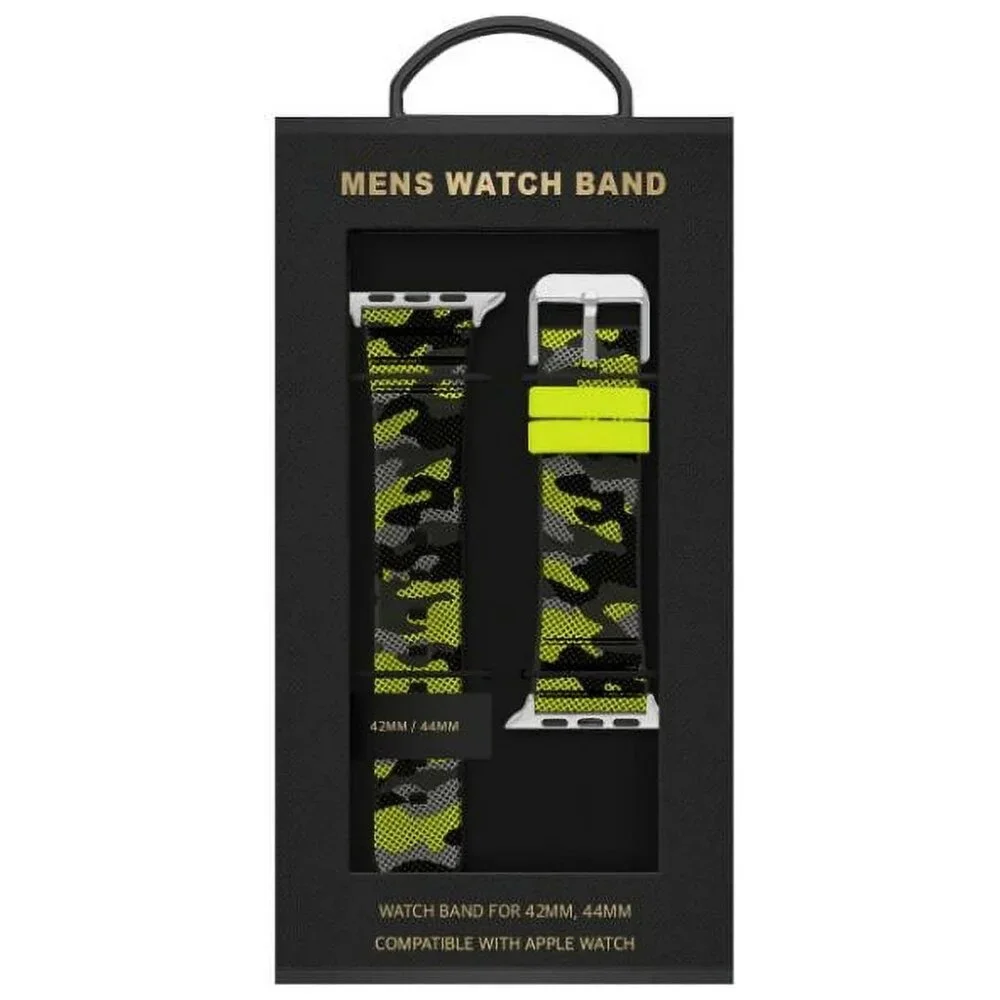 Men's Rubber Watch Strap Compatible w/ 42mm 44mm Apple Watch - Black/Lime Camo